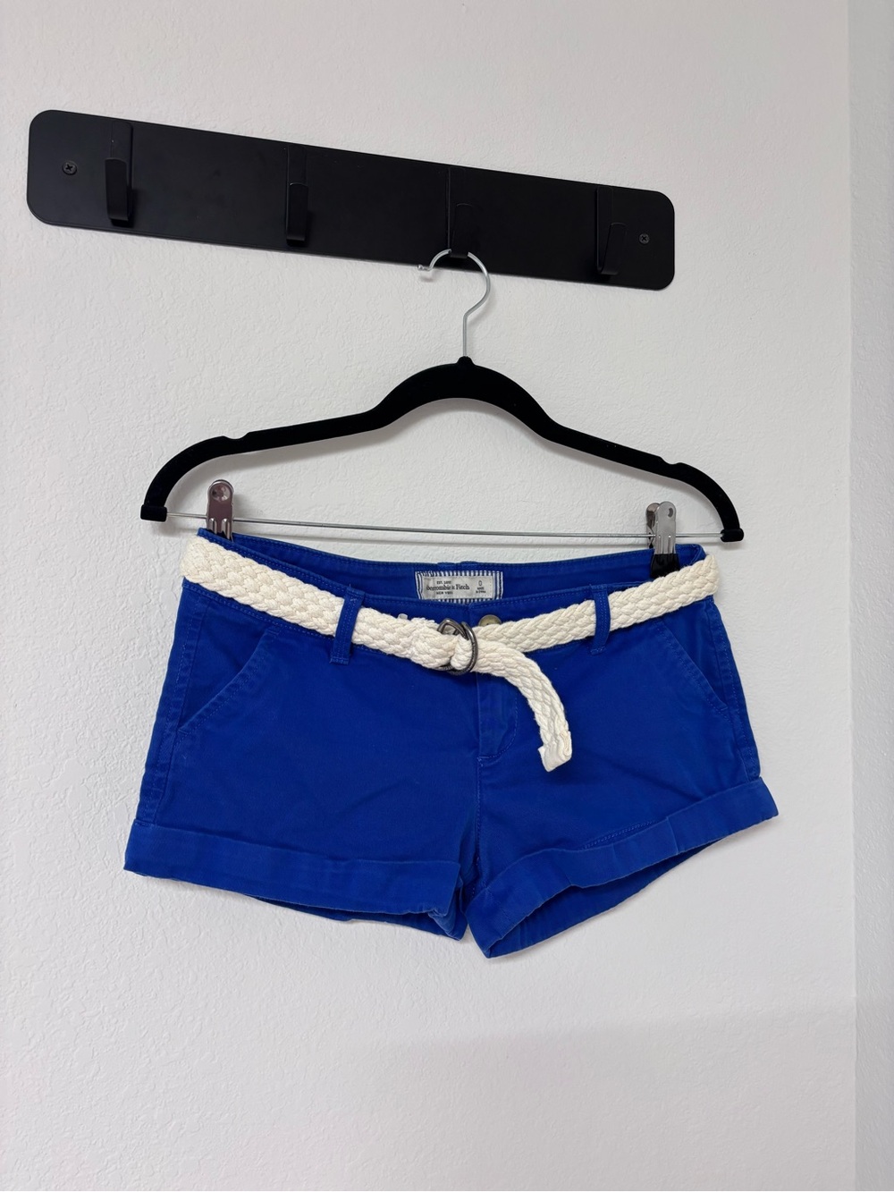 Abercrombie & Fitch Royal Blue High-Waist Cotton Shorts with Braided White Belt